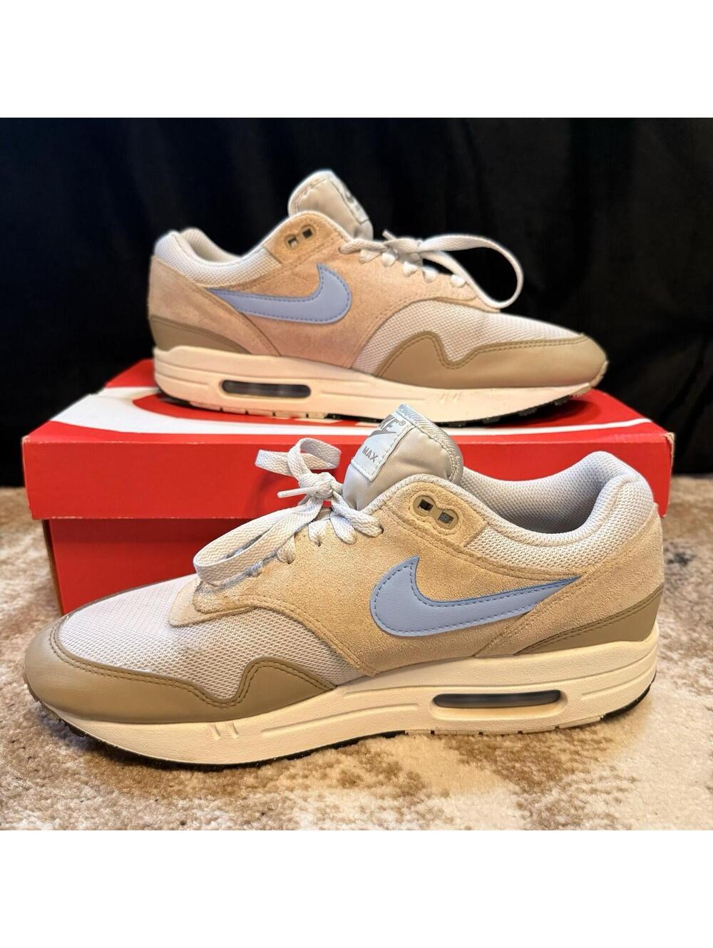 NIKE Air Max 1 - Light Bone Sanddrift Khaki Psychic Blue Shoes Men’s Size 10.5
